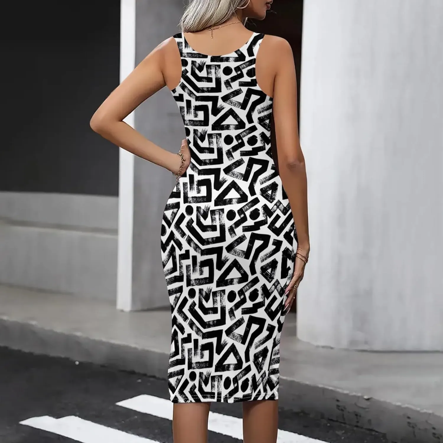 Women's Print Midi Dress Sleeveless Club Outfits Bodycon Summer Tank Dresses Casual Plus Size Dresses