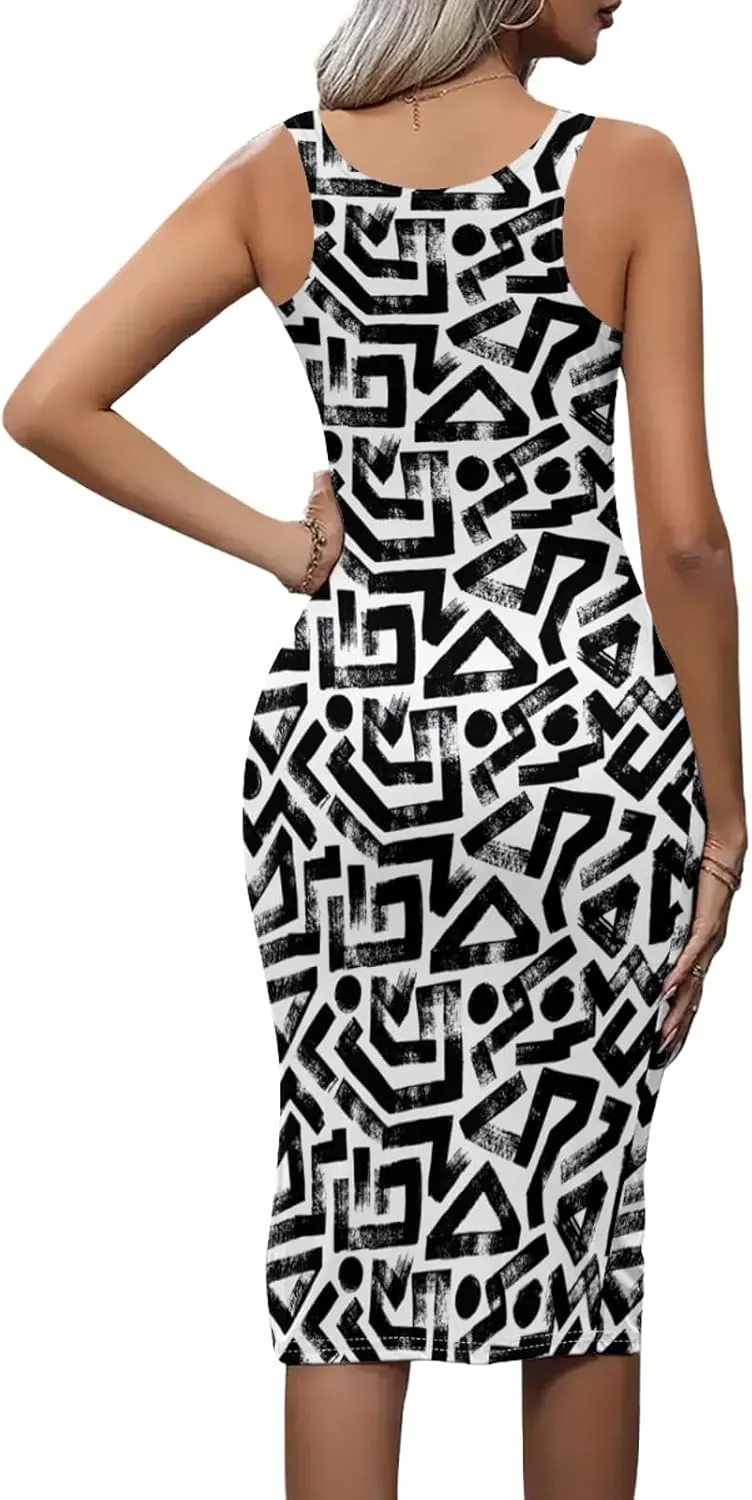 Women's Print Midi Dress Sleeveless Club Outfits Bodycon Summer Tank Dresses Casual Plus Size Dresses
