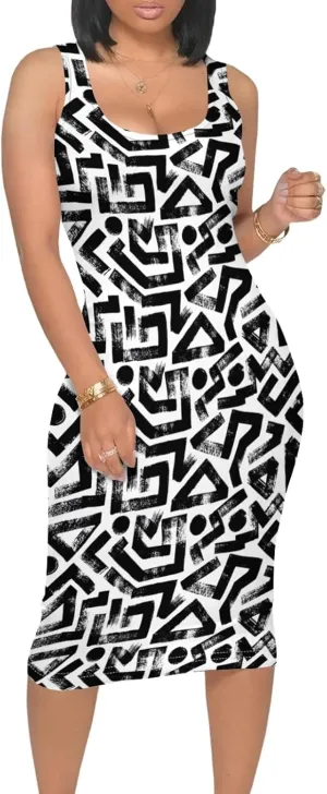 Women's Print Midi Dress Sleeveless Club Outfits Bodycon Summer Tank Dresses Casual Plus Size Dresses