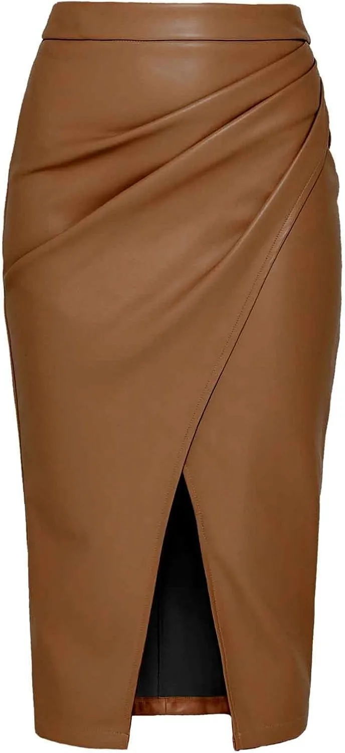 Women's PU Midi Skirt High Waisted Front Slit Faux Leather Ruched Bodycon Pencil Skirts Fall Work Office Long Skirt