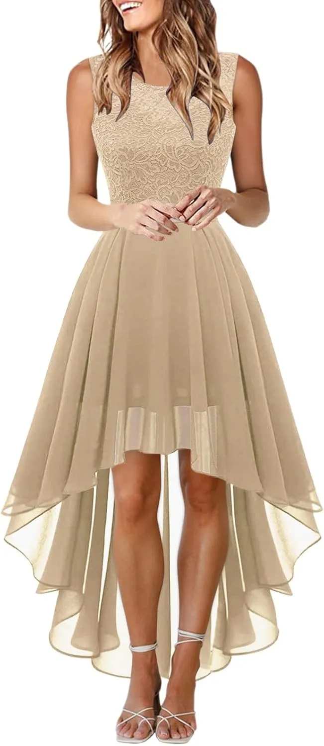 Women's Retro Lace Contrast Chiffon Dress Ruffle Wedding Evening Maxi Dress Sleeveless Club Party Dresses