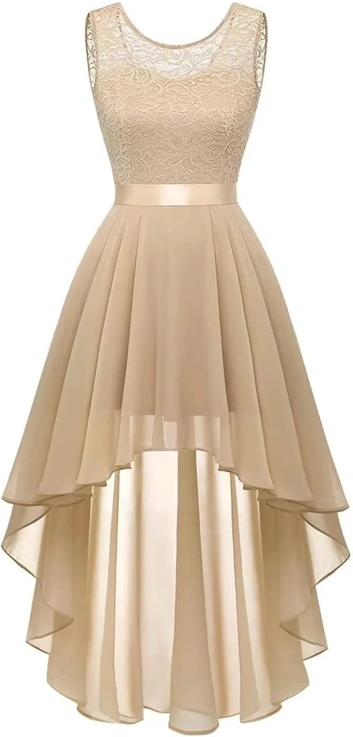 Women's Retro Lace Contrast Chiffon Dress Ruffle Wedding Evening Maxi Dress Sleeveless Club Party Dresses