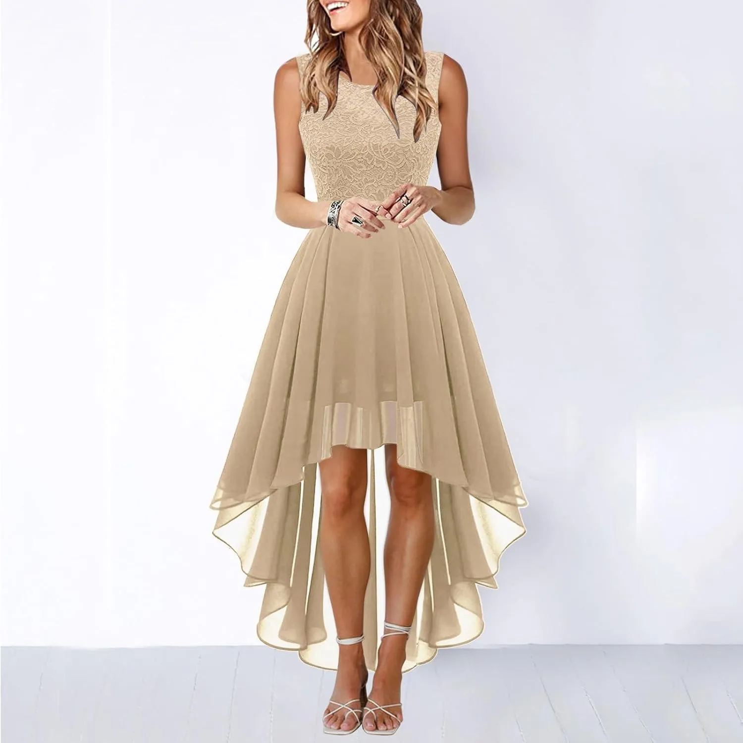 Women's Retro Lace Contrast Chiffon Dress Ruffle Wedding Evening Maxi Dress Sleeveless Club Party Dresses