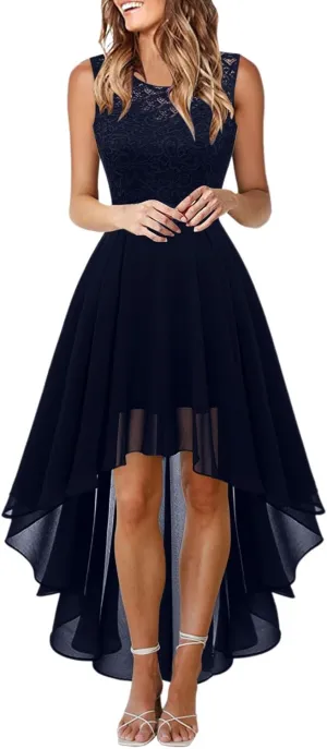 Women's Retro Lace Contrast Chiffon Dress Ruffle Wedding Evening Maxi Dress Sleeveless Club Party Dresses