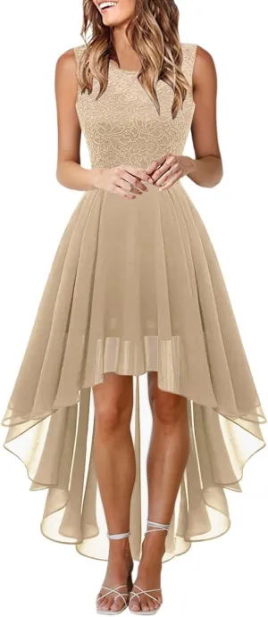 Women's Retro Lace Contrast Chiffon Dress Ruffle Wedding Evening Maxi Dress Sleeveless Club Party Dresses