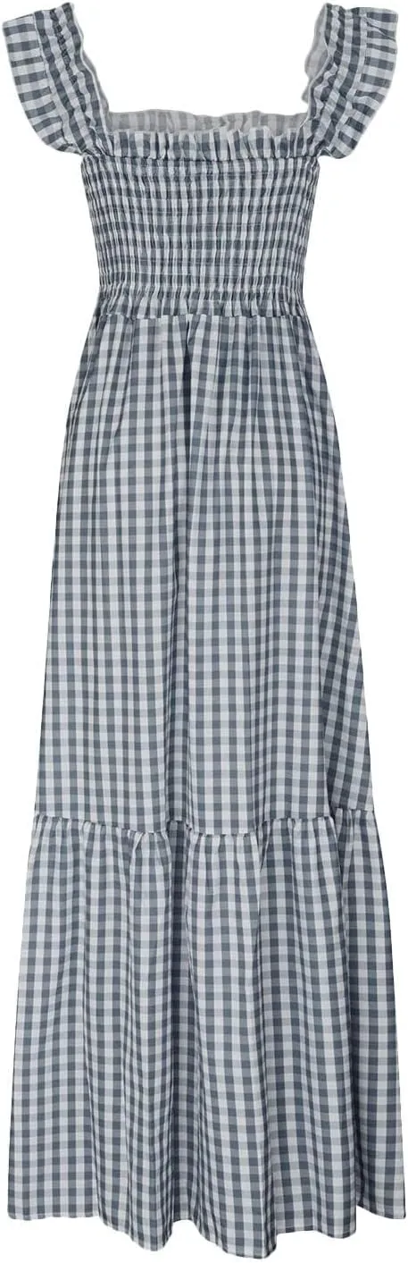 Womens Retro Plaid Smocked Dress Casual Summer Spaghetti Strap Square Neck Midi Dress Flowy A Line Long Dresses