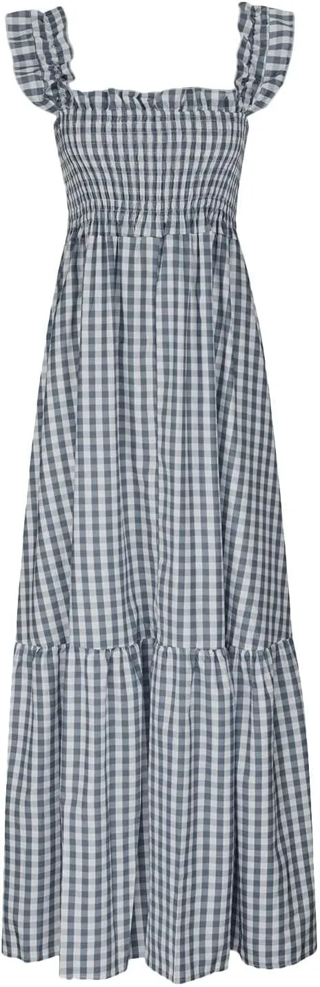 Womens Retro Plaid Smocked Dress Casual Summer Spaghetti Strap Square Neck Midi Dress Flowy A Line Long Dresses