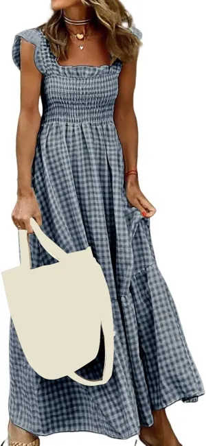 Womens Retro Plaid Smocked Dress Casual Summer Spaghetti Strap Square Neck Midi Dress Flowy A Line Long Dresses