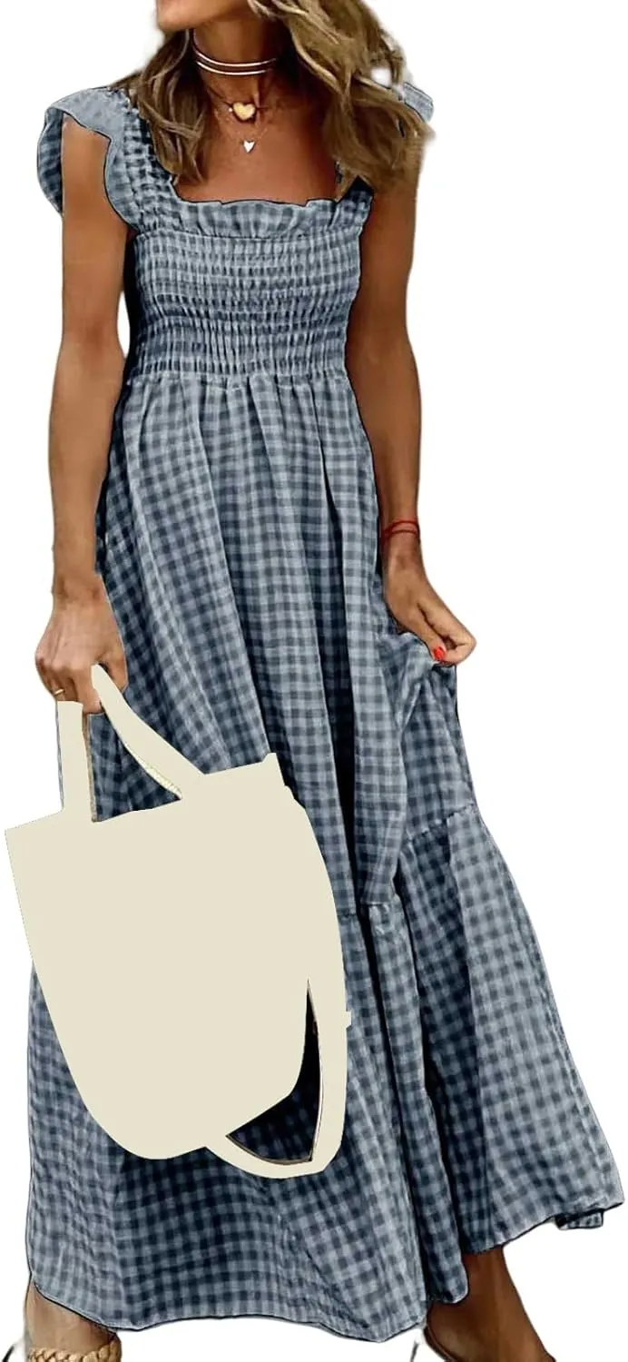 Womens Retro Plaid Smocked Dress Casual Summer Spaghetti Strap Square Neck Midi Dress Flowy A Line Long Dresses