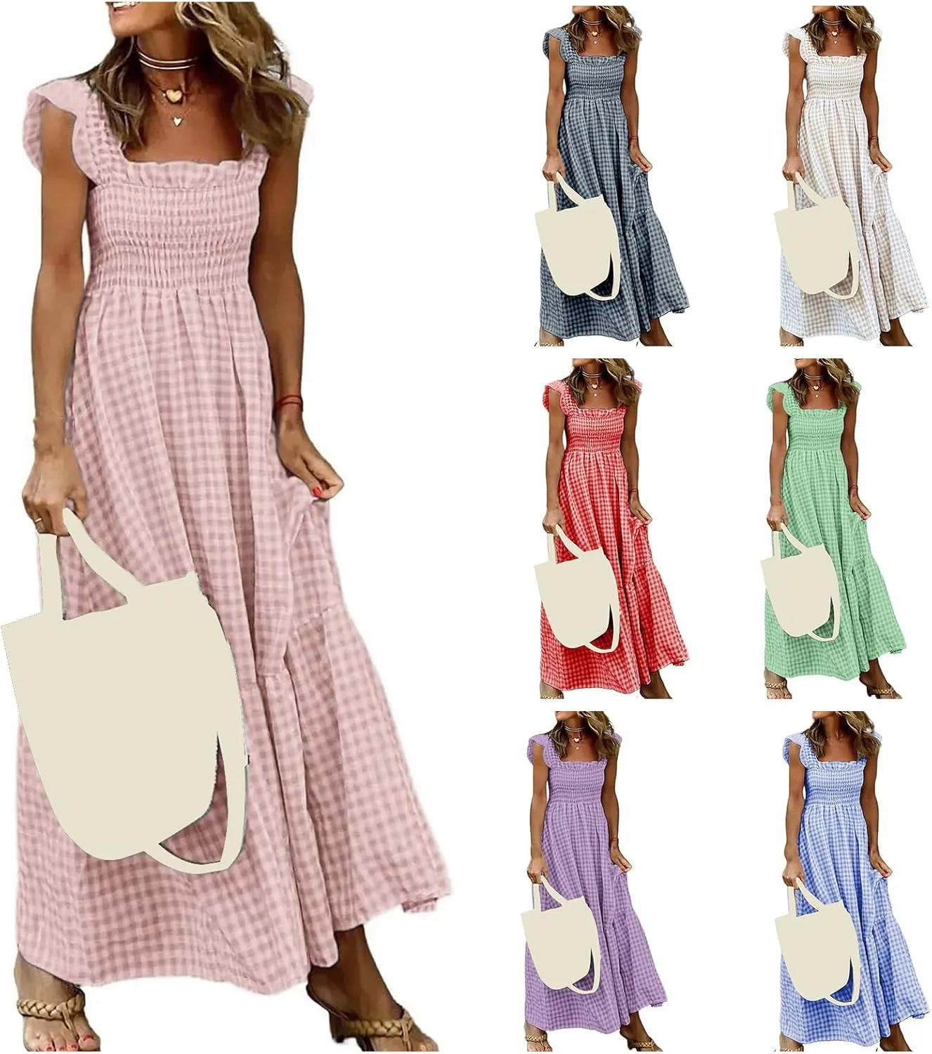 Womens Retro Plaid Smocked Dress Casual Summer Spaghetti Strap Square Neck Midi Dress Flowy A Line Long Dresses