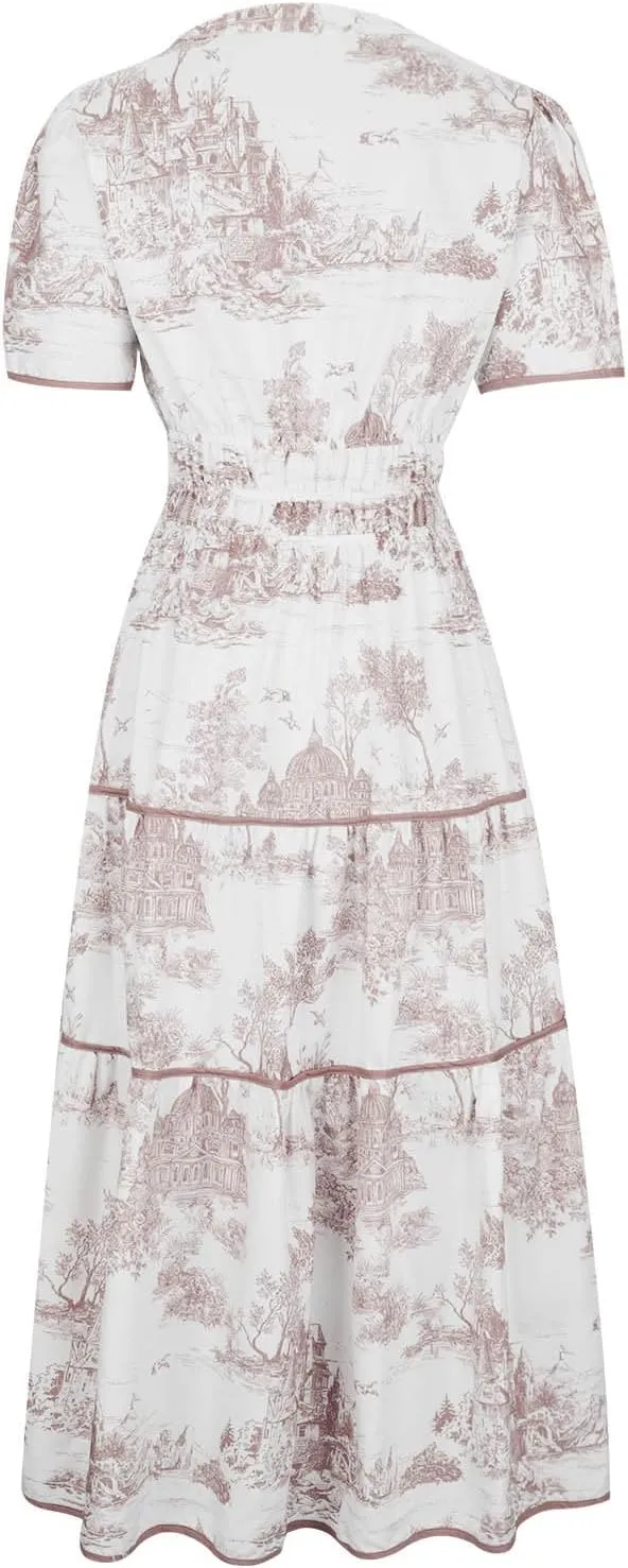 Women's Retro Spring Summer Floral Midi Dress Casual Short Sleeve V Neck Tiered Ruffle Flowy Boho Dresses