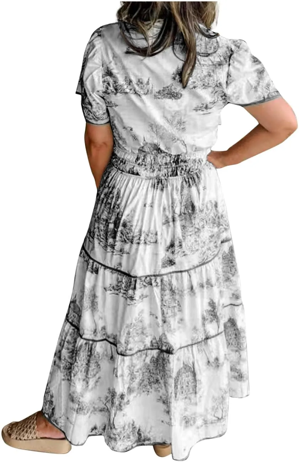 Women's Retro Spring Summer Floral Midi Dress Casual Short Sleeve V Neck Tiered Ruffle Flowy Boho Dresses