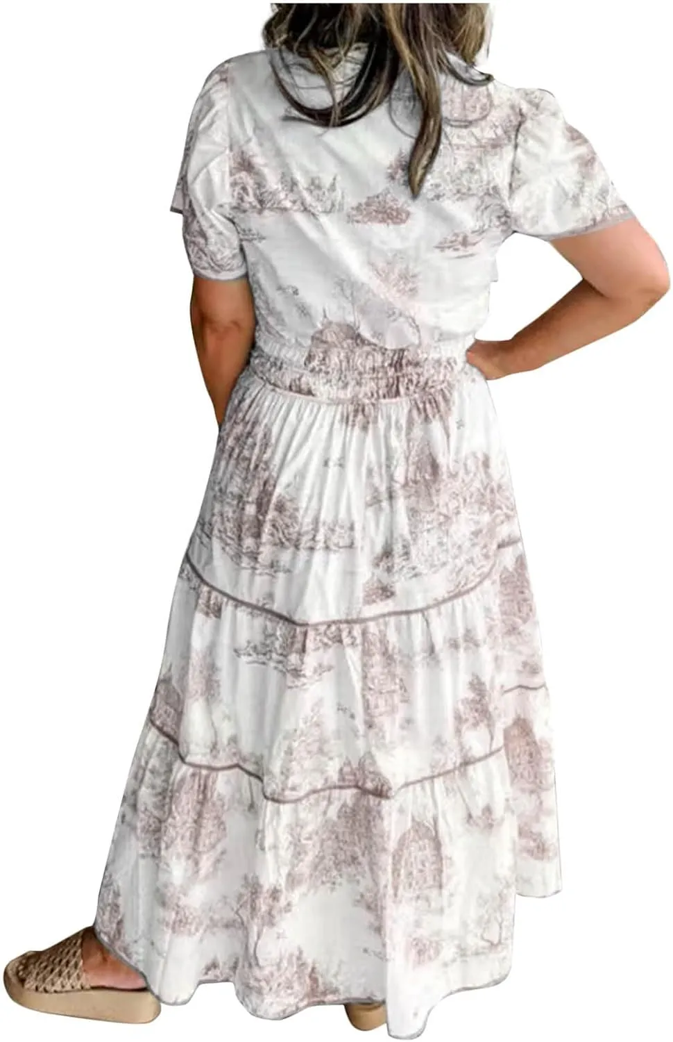 Women's Retro Spring Summer Floral Midi Dress Casual Short Sleeve V Neck Tiered Ruffle Flowy Boho Dresses