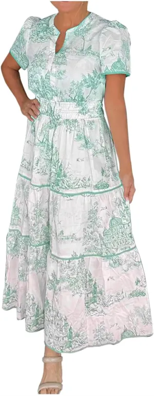 Women's Retro Spring Summer Floral Midi Dress Casual Short Sleeve V Neck Tiered Ruffle Flowy Boho Dresses