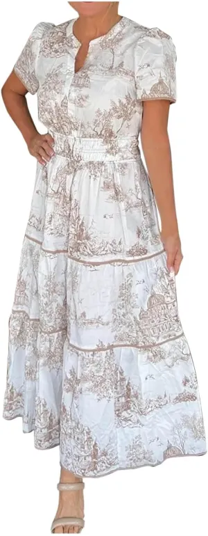 Women's Retro Spring Summer Floral Midi Dress Casual Short Sleeve V Neck Tiered Ruffle Flowy Boho Dresses