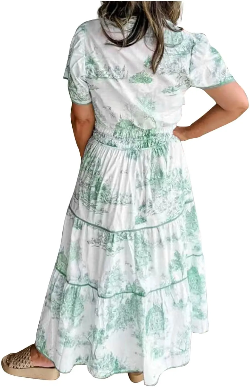 Women's Retro Spring Summer Floral Midi Dress Casual Short Sleeve V Neck Tiered Ruffle Flowy Boho Dresses