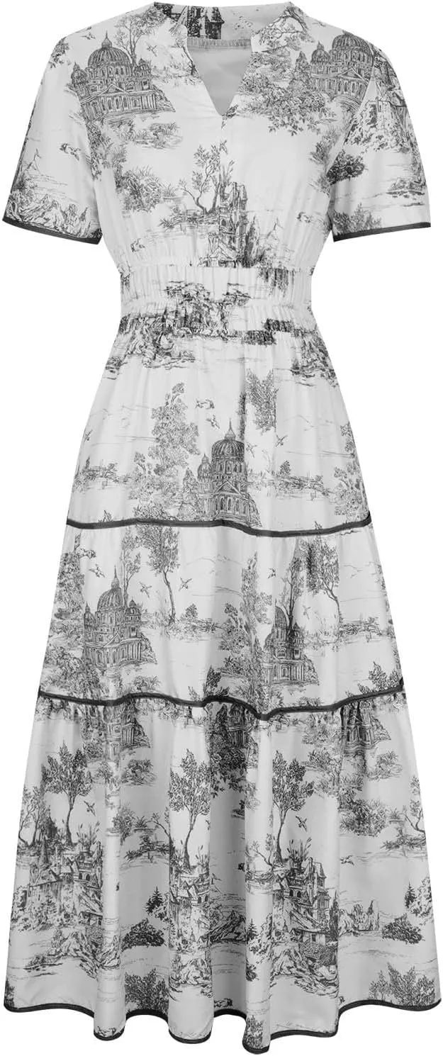 Women's Retro Spring Summer Floral Midi Dress Casual Short Sleeve V Neck Tiered Ruffle Flowy Boho Dresses