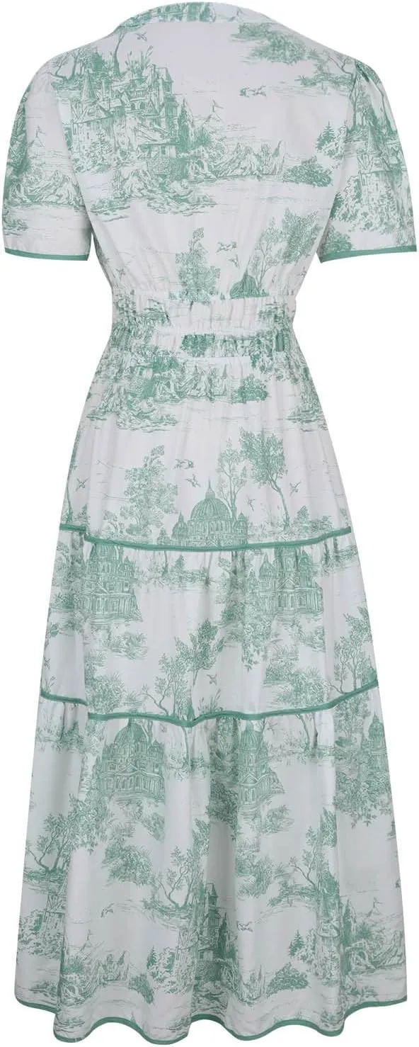 Women's Retro Spring Summer Floral Midi Dress Casual Short Sleeve V Neck Tiered Ruffle Flowy Boho Dresses