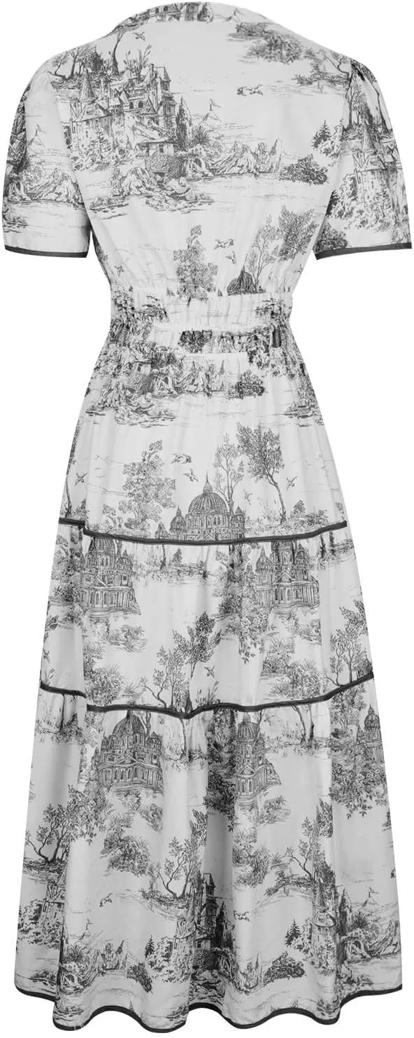 Women's Retro Spring Summer Floral Midi Dress Casual Short Sleeve V Neck Tiered Ruffle Flowy Boho Dresses