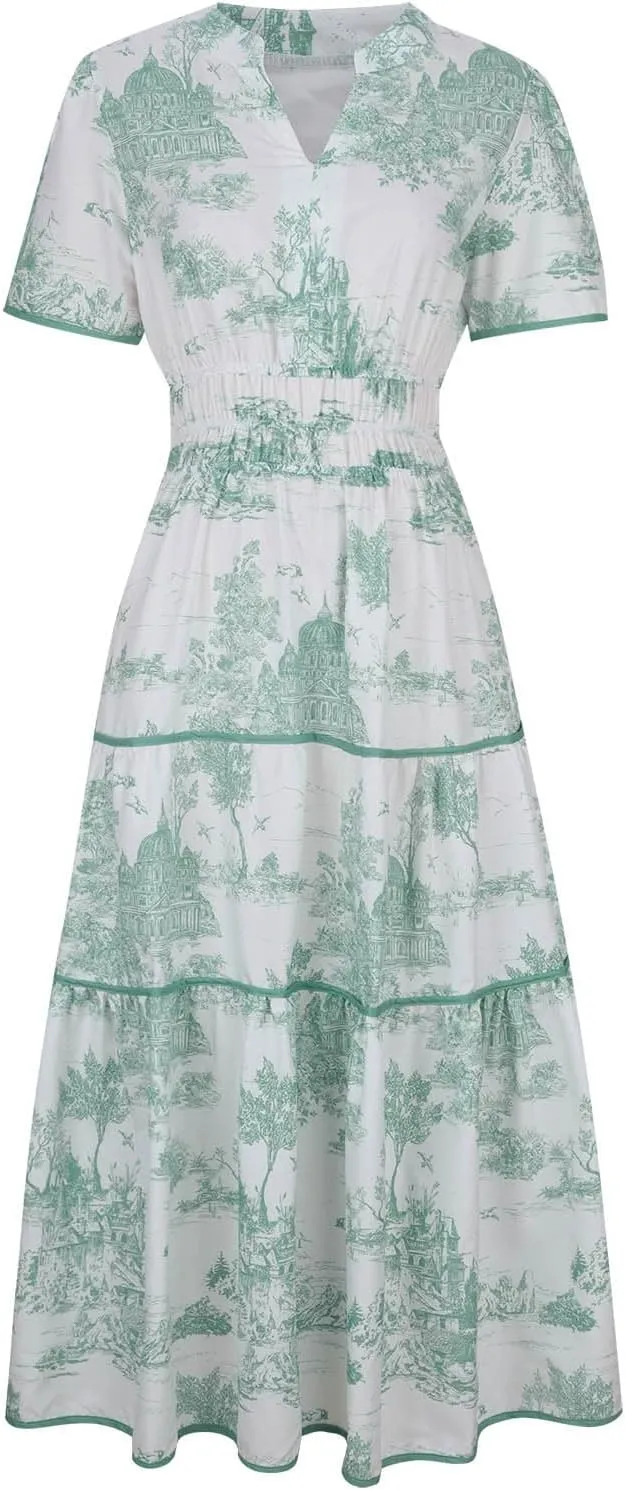 Women's Retro Spring Summer Floral Midi Dress Casual Short Sleeve V Neck Tiered Ruffle Flowy Boho Dresses