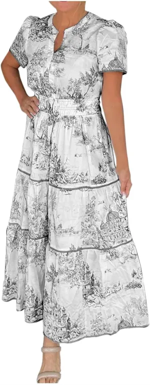 Women's Retro Spring Summer Floral Midi Dress Casual Short Sleeve V Neck Tiered Ruffle Flowy Boho Dresses