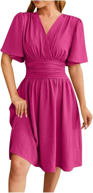 Women's Ruffle Cap Sleeve Dress 2025 Wrap V Neck Flared Dresses Elastic Waist Tiered Smocked Belted Hem Mini Dress
