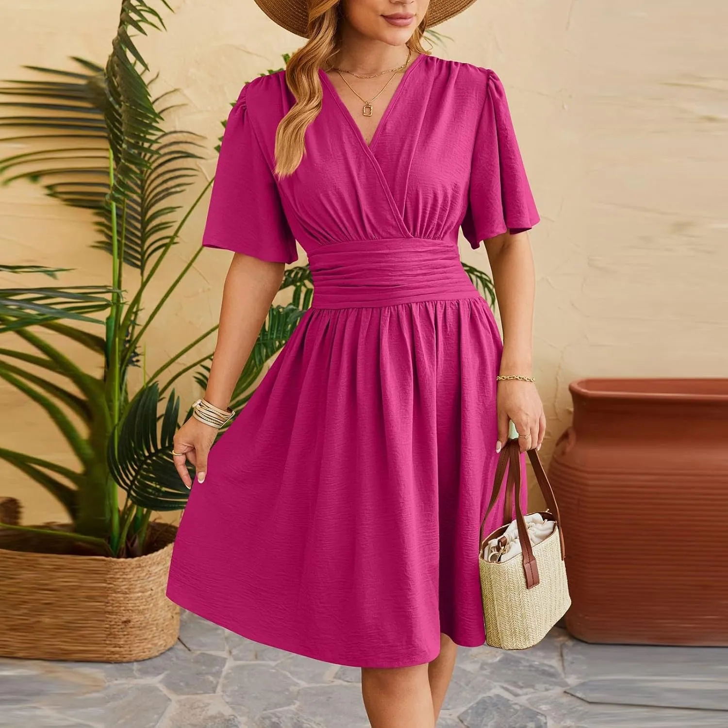 Women's Ruffle Cap Sleeve Dress 2025 Wrap V Neck Flared Dresses Elastic Waist Tiered Smocked Belted Hem Mini Dress