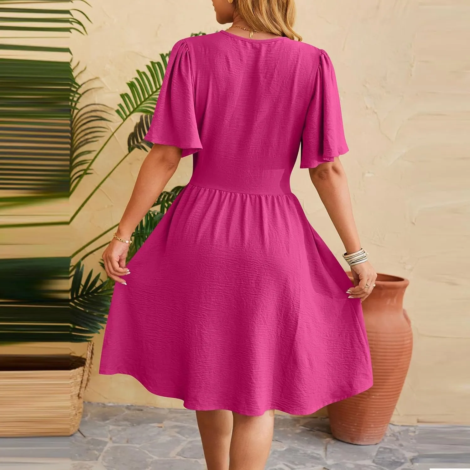 Women's Ruffle Cap Sleeve Dress 2025 Wrap V Neck Flared Dresses Elastic Waist Tiered Smocked Belted Hem Mini Dress