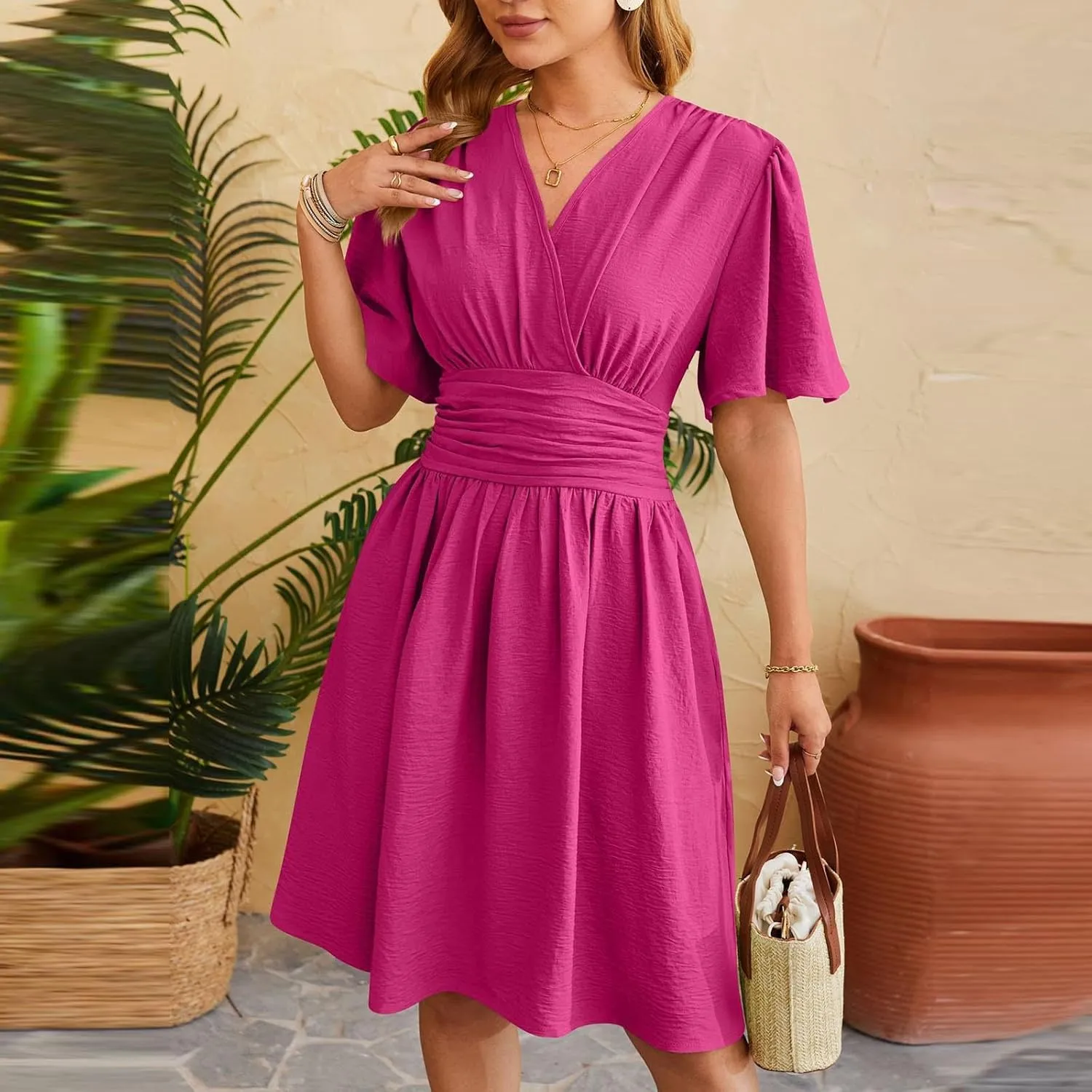 Women's Ruffle Cap Sleeve Dress 2025 Wrap V Neck Flared Dresses Elastic Waist Tiered Smocked Belted Hem Mini Dress