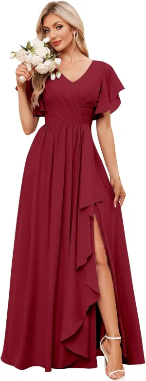 Women's Ruffle Sleeve Bridesmaid Dresses Long Chiffon A-Line V-Neck Empire Waist Formal Dress Evening Gown
