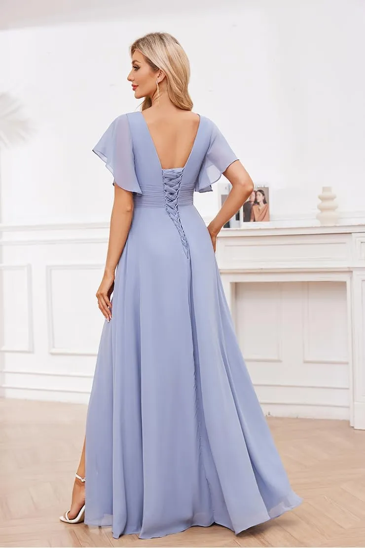 Women's Ruffle Sleeve Bridesmaid Dresses Long Chiffon A-Line V-Neck Empire Waist Formal Dress Evening Gown