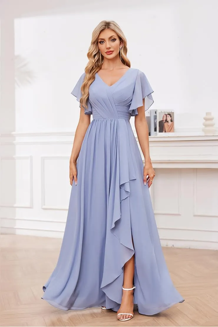 Women's Ruffle Sleeve Bridesmaid Dresses Long Chiffon A-Line V-Neck Empire Waist Formal Dress Evening Gown