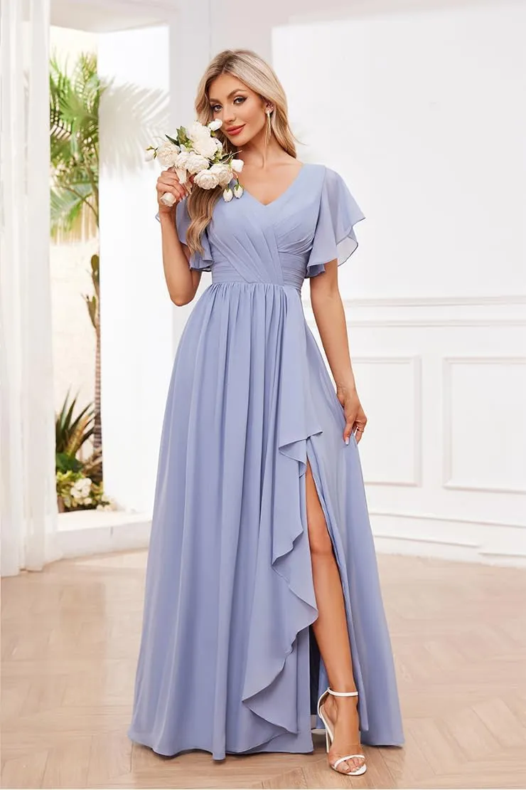 Women's Ruffle Sleeve Bridesmaid Dresses Long Chiffon A-Line V-Neck Empire Waist Formal Dress Evening Gown