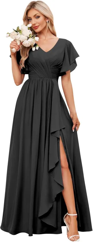 Women's Ruffle Sleeve Bridesmaid Dresses Long Chiffon A-Line V-Neck Empire Waist Formal Dress Evening Gown