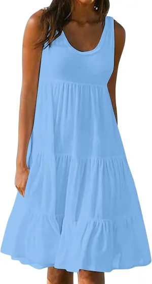 Womens Ruffle Tiered Swing Dresses Sleeveless Boho Tank Sundress Summer Casual A Line Mini Dress for Beach Vacation