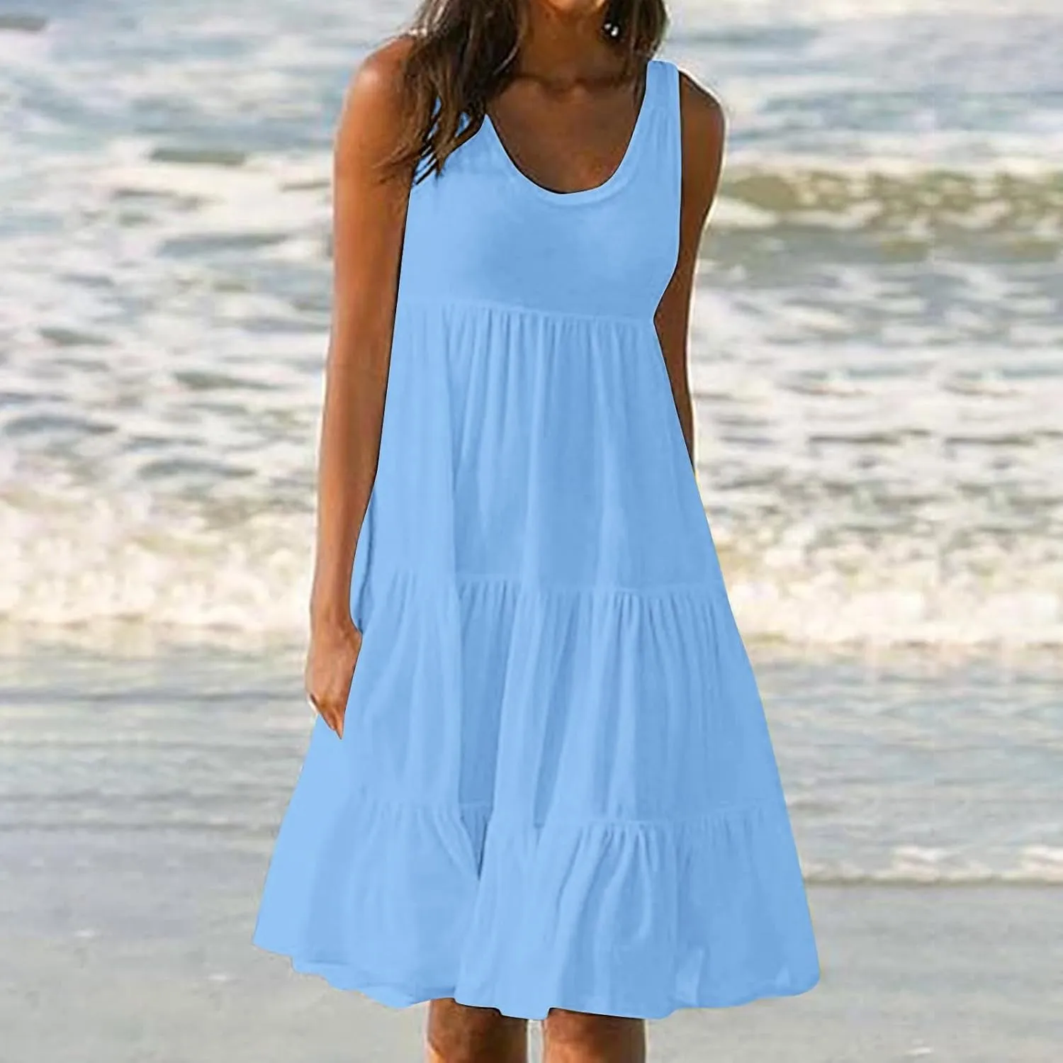 Womens Ruffle Tiered Swing Dresses Sleeveless Boho Tank Sundress Summer Casual A Line Mini Dress for Beach Vacation