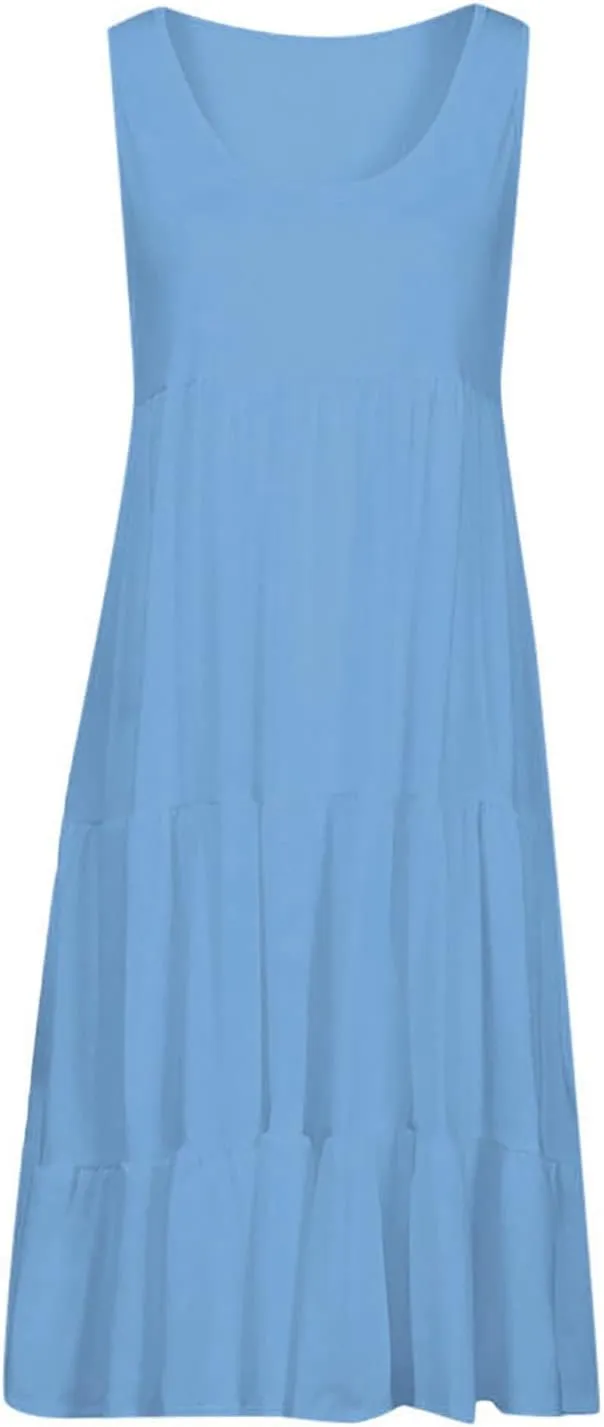 Womens Ruffle Tiered Swing Dresses Sleeveless Boho Tank Sundress Summer Casual A Line Mini Dress for Beach Vacation
