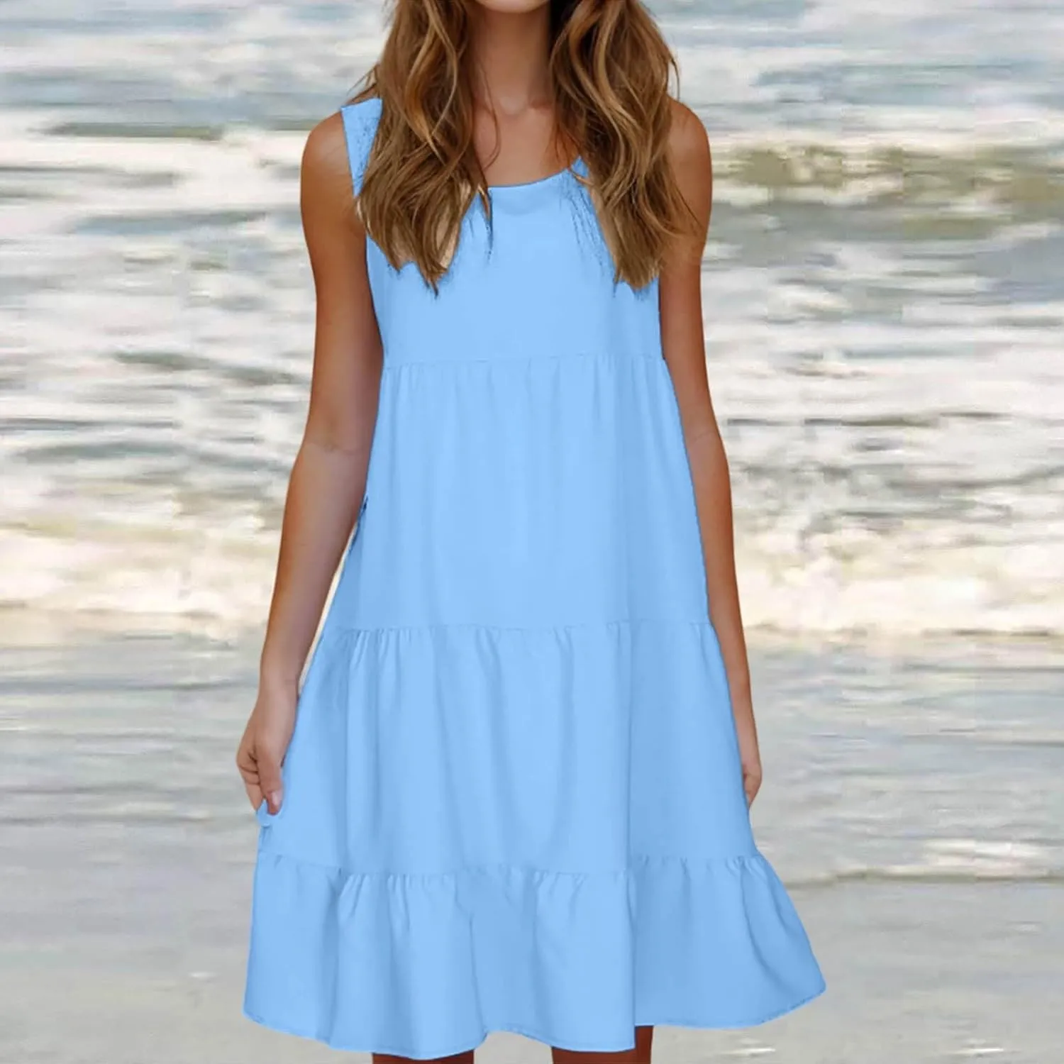 Womens Ruffle Tiered Swing Dresses Sleeveless Boho Tank Sundress Summer Casual A Line Mini Dress for Beach Vacation