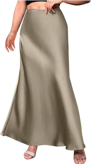 Women's Satin Elegant Long Skirt High Waist Hidden Silk Dressy Maxi Skirts Elastic Waist Flared Casual A Line Skirt