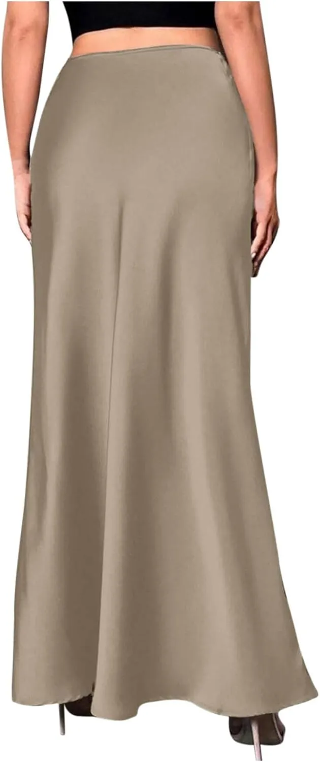 Women's Satin Elegant Long Skirt High Waist Hidden Silk Dressy Maxi Skirts Elastic Waist Flared Casual A Line Skirt