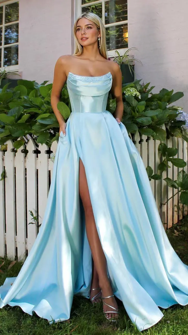 Women's Satin Prom Dresses with Slit Strapless Cowl Neck Corset Formal Dresses A Line Ball Gowns with Pockets XOD0456