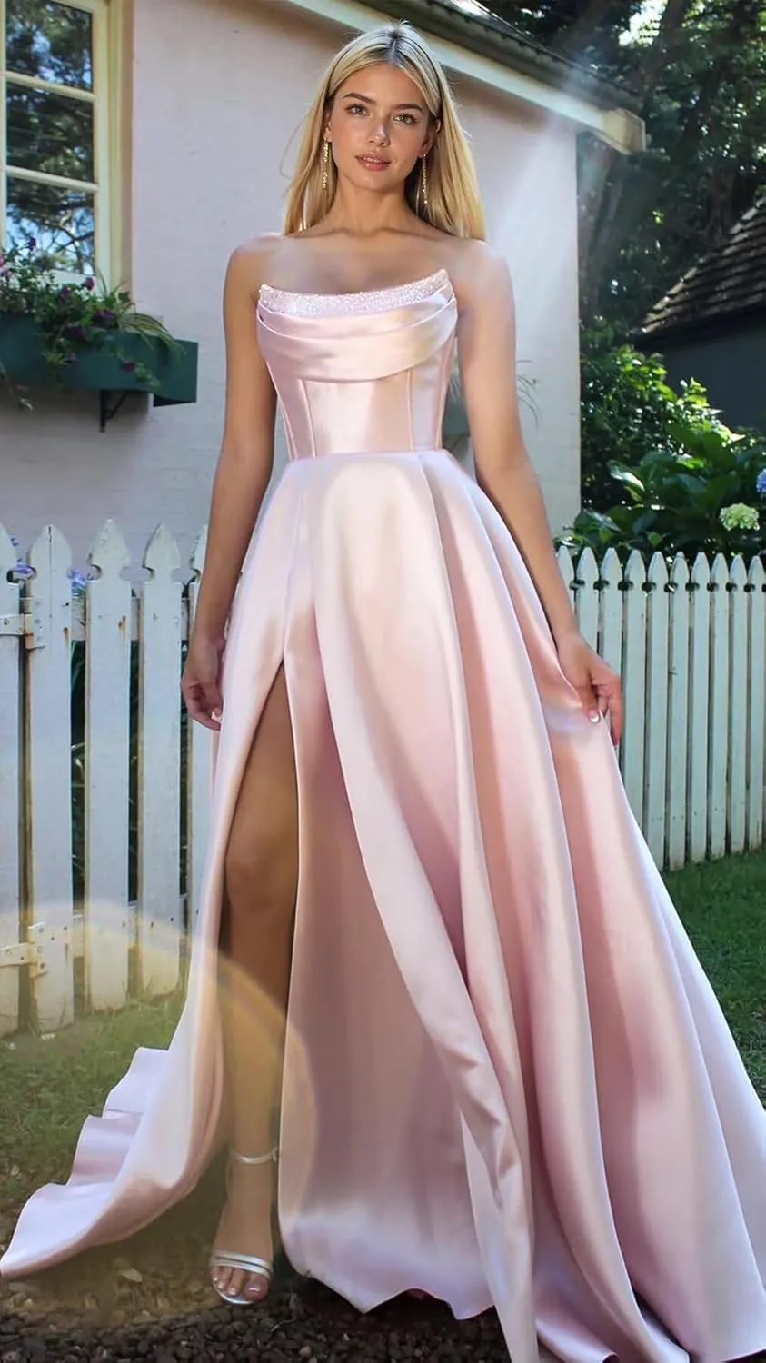 Women's Satin Prom Dresses with Slit Strapless Cowl Neck Corset Formal Dresses A Line Ball Gowns with Pockets XOD0456