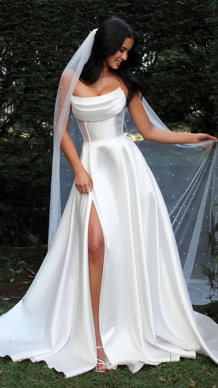 Women's Satin Prom Dresses with Slit Strapless Cowl Neck Corset Formal Dresses A Line Ball Gowns with Pockets XOD0456