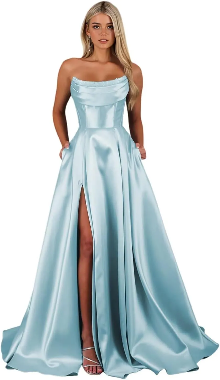 Women's Satin Prom Dresses with Slit Strapless Cowl Neck Corset Formal Dresses A Line Ball Gowns with Pockets XOD0456