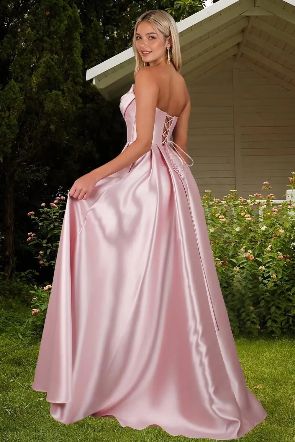 Women's Satin Prom Dresses with Slit Strapless Cowl Neck Corset Formal Dresses A Line Ball Gowns with Pockets XOD0456