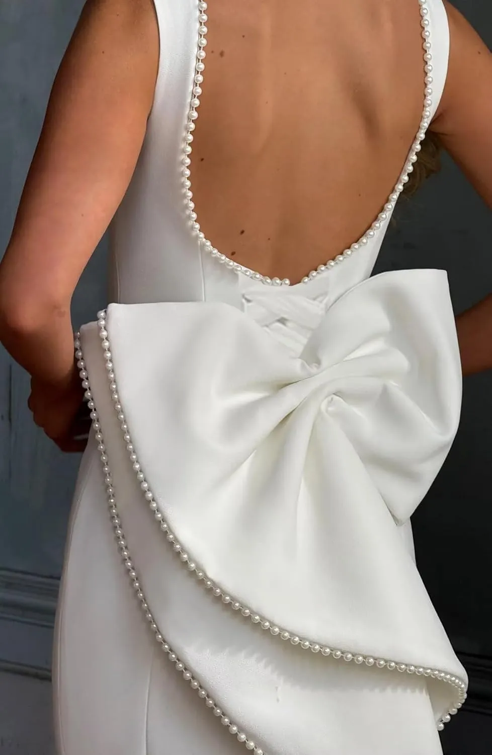 Womens Satin Wedding Dresses 2025 Midi Pearl Prom Cocktail Gown with Bow