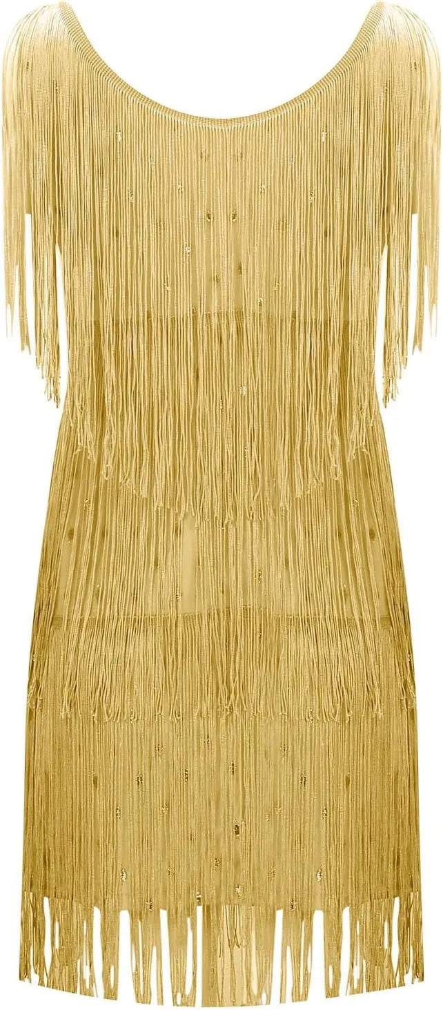 Womens Sequin Fringe Dress Spring Casual Disco Mini Dresses Sleeveless V Neck Dance Club Wear Swing Party Short Skirt
