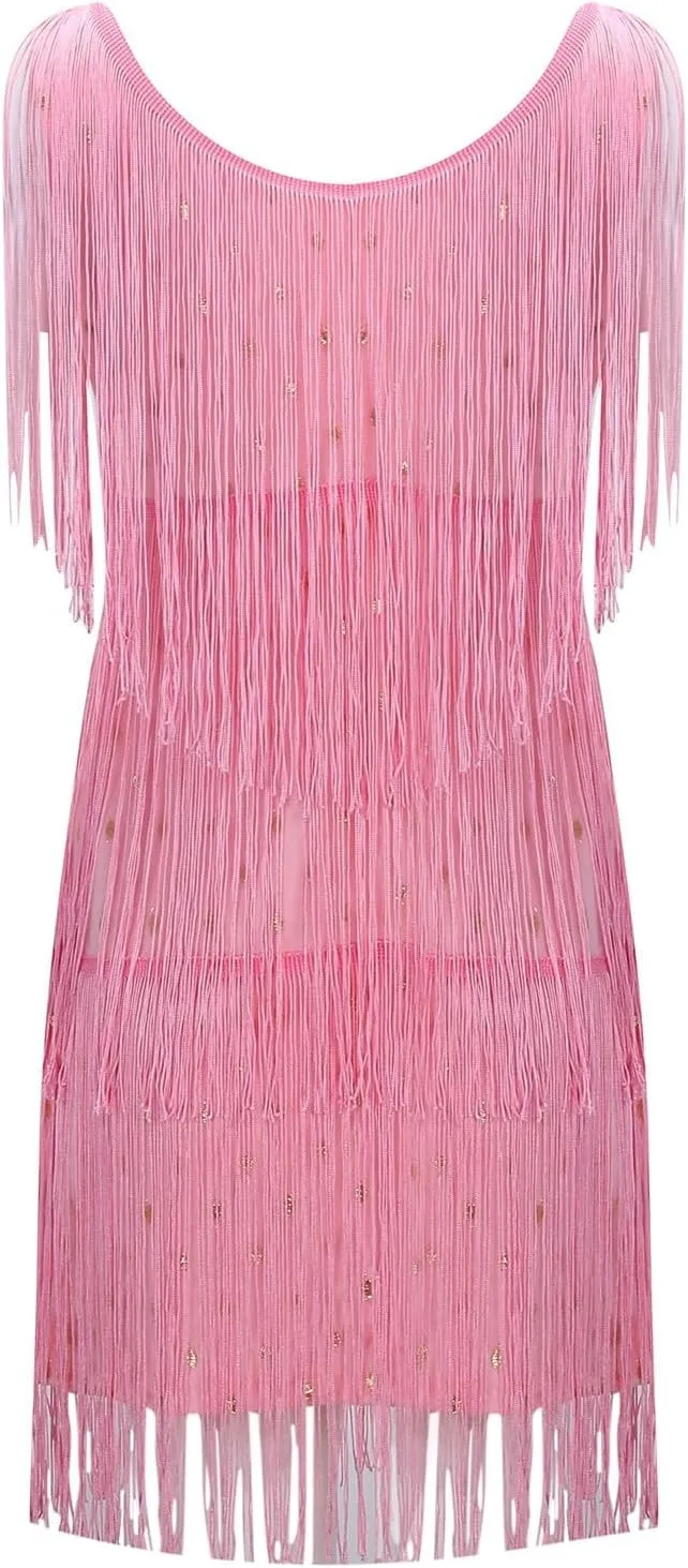Womens Sequin Fringe Dress Spring Casual Disco Mini Dresses Sleeveless V Neck Dance Club Wear Swing Party Short Skirt