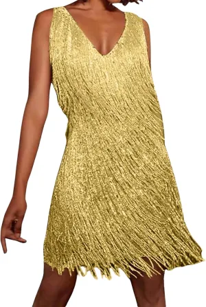 Womens Sequin Fringe Dress Spring Casual Disco Mini Dresses Sleeveless V Neck Dance Club Wear Swing Party Short Skirt