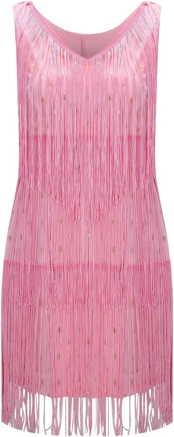Womens Sequin Fringe Dress Spring Casual Disco Mini Dresses Sleeveless V Neck Dance Club Wear Swing Party Short Skirt